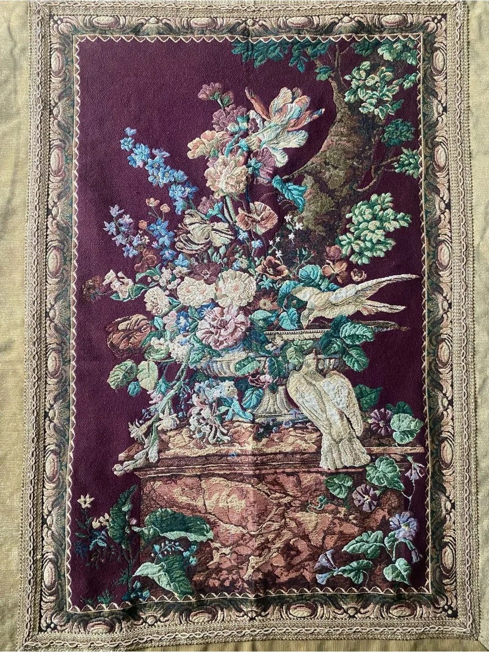 Vintage Wall Tapestry Aubusson Style Floral Birds Fringe Woven Textile 55” x 37”